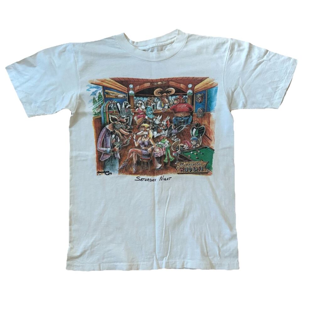 VTG Minnesota Wild Life Saturday Night Graphic T-Shirt 1990 Bar Scene No Tag